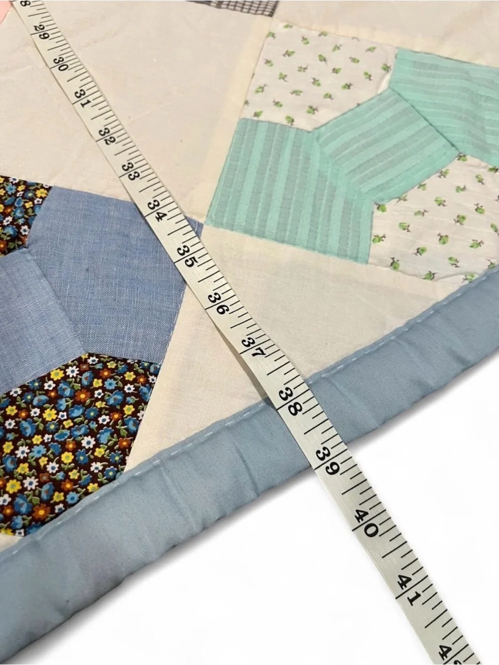 Vintage 80’s Patchwork Baby Quilt - Light Blue Border, Multicolor Blocks